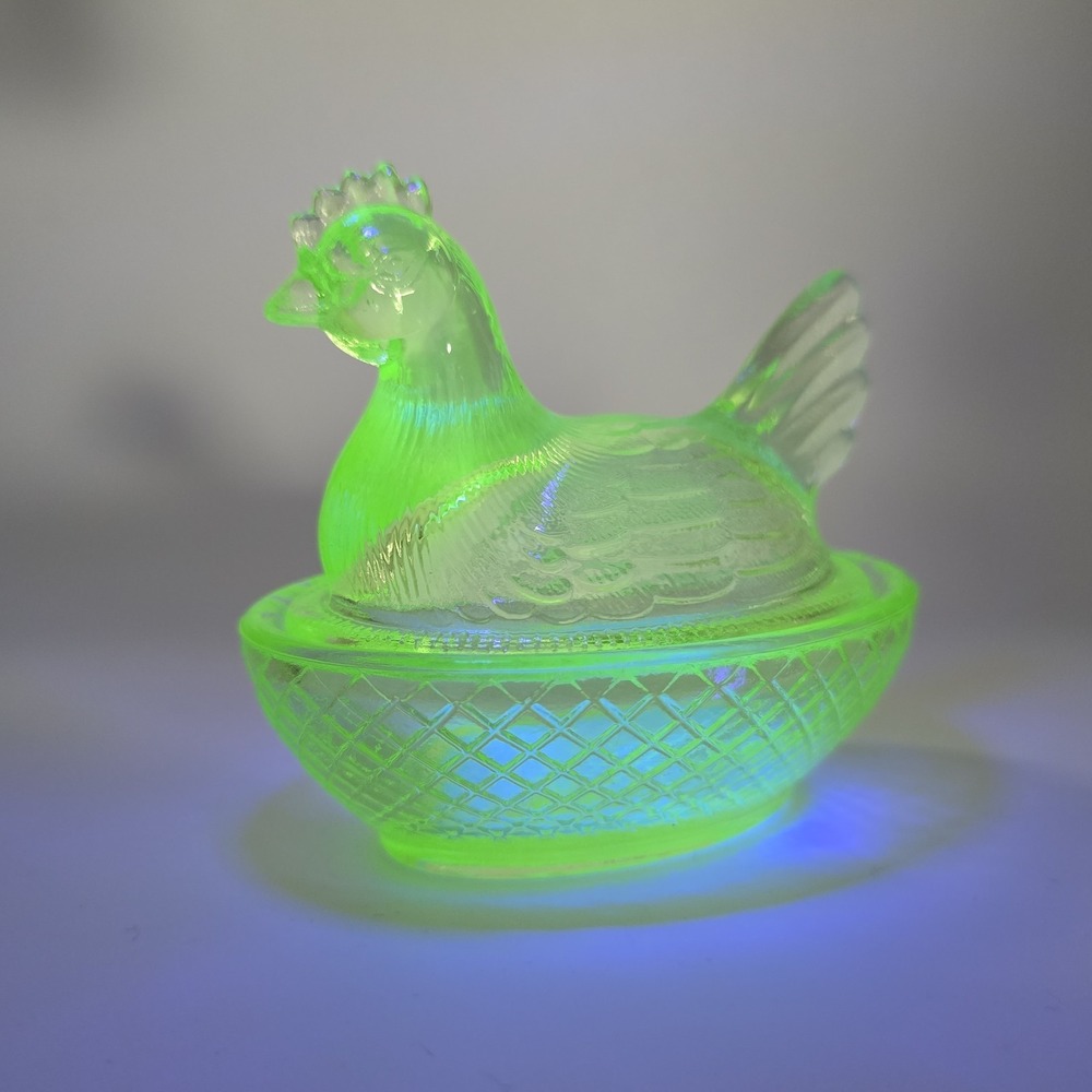 Vintage Uranium Vaseline Glass Mini Hen on Nest 3" UV Reactive Original